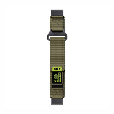 Flat view of Tactical QuickFit Strap for GARMIN in army green. Rugged nylon with neon label and Velcro fastening for 22mm Garmin models.