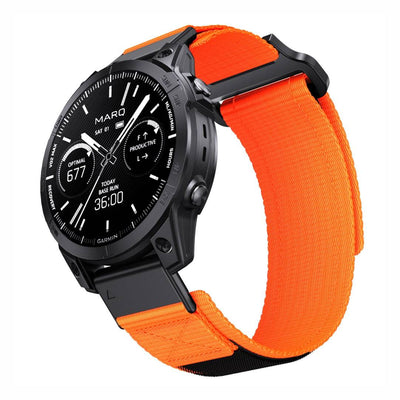 Bright orange Tactical QuickFit Strap for GARMIN with high-visibility nylon and secure Velcro. Ideal for outdoor sports and rugged use.