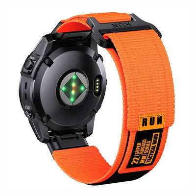 Rear view of Tactical QuickFit Strap for GARMIN in bright orange. Rugged nylon with Velcro fastening and black label for 22mm watches.