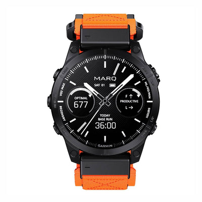 Front view of Garmin watch with Tactical QuickFit Strap in orange. Durable nylon strap with Velcro for high-visibility outdoor use.