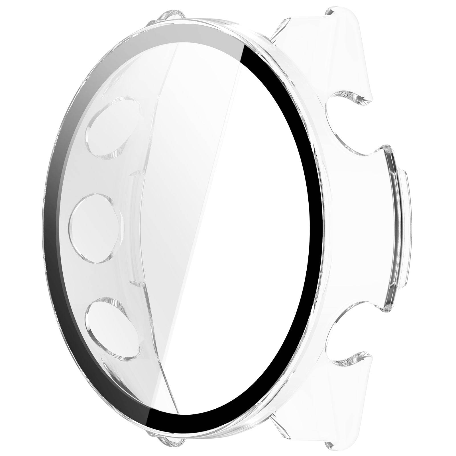 Transparent PC Protective Case for Garmin Forerunner 970 with tempered glass front and side button cutouts for seamless smartwatch functionality.