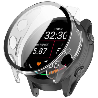 PC Protective Case for Garmin Forerunner 970 with clear tempered glass and anti-dust design, showing precise cutouts for full button access.