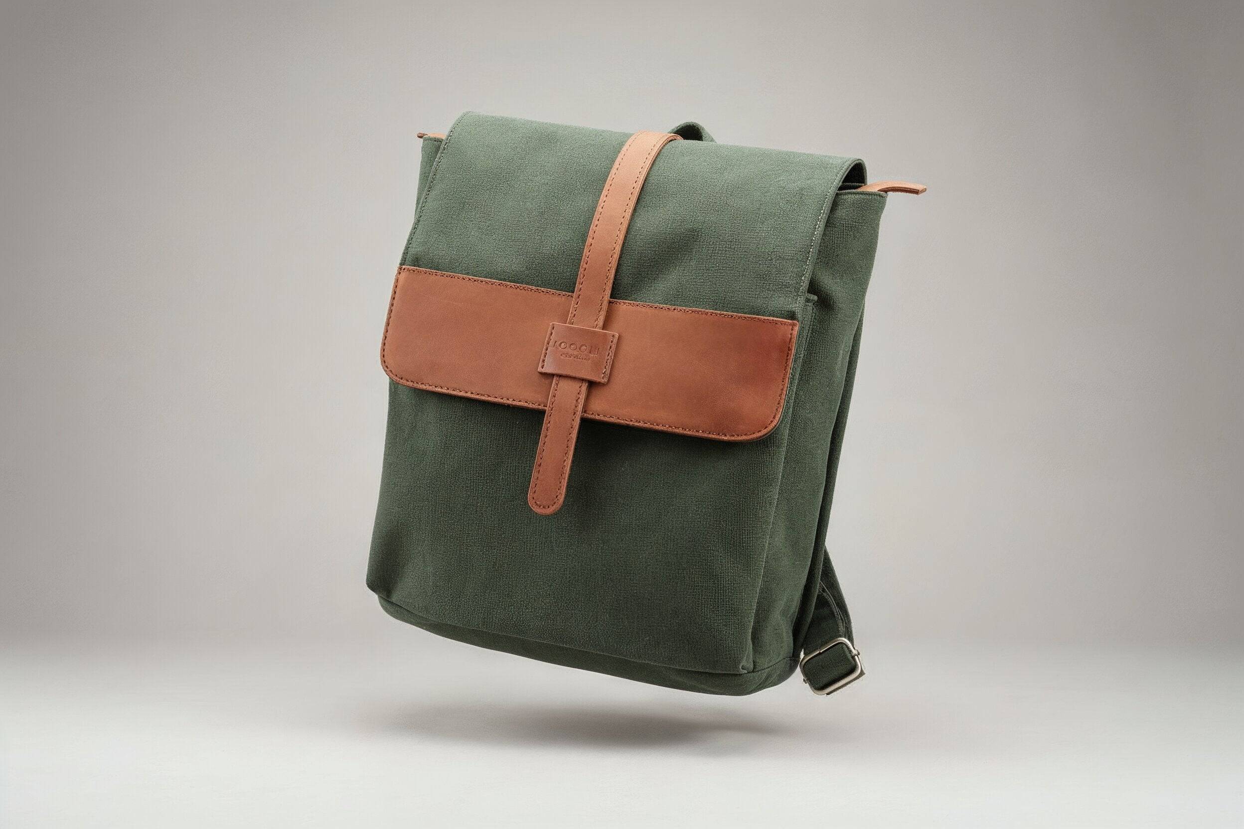 Zoodle Laptop Backpack in olive green 14oz stone wash canvas with tan leather flap, stylish and durable for South African commuters.
