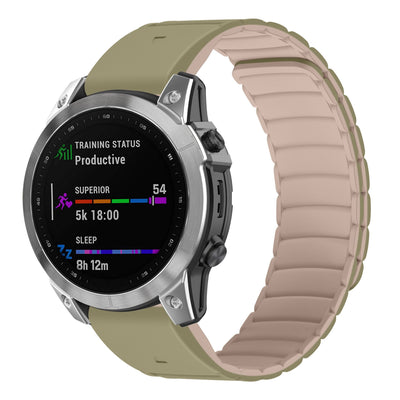 Shell QuickFit Magnetic Silicone Strap for GARMIN in beige and pink, attached to a smartwatch, combining comfort, style, and secure magnetic fit.