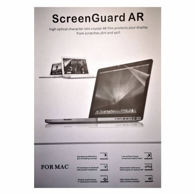Close-up of Anti-Glare AR Screen Protector packaging for MacBook, detailing features like scratch resistance, anti-reflection, and spill protection.