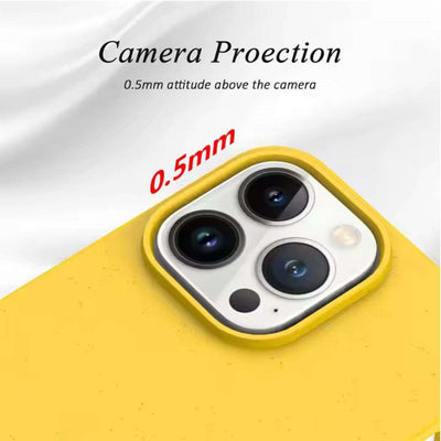 Close-up of yellow Eco-Friendly Slimline iPhone Case showing 0.5mm raised edge for camera protection against scratches and drops.