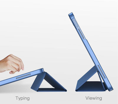 Protective smart flip cover for iPad in blue, showcasing dual functionality for typing and viewing. Slim design with auto wake/sleep feature.