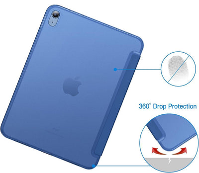 Protective smart flip cover for iPad in blue, featuring 360-degree drop protection and fingerprint-resistant material. Slim design enhances durability and style.
