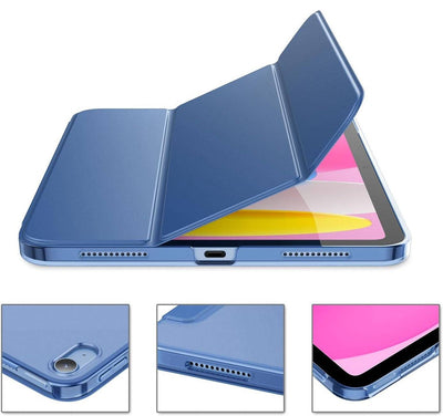 Protective smart flip cover for iPad in blue, featuring a slim design with auto wake/sleep functionality. Provides full protection with precise cutouts.