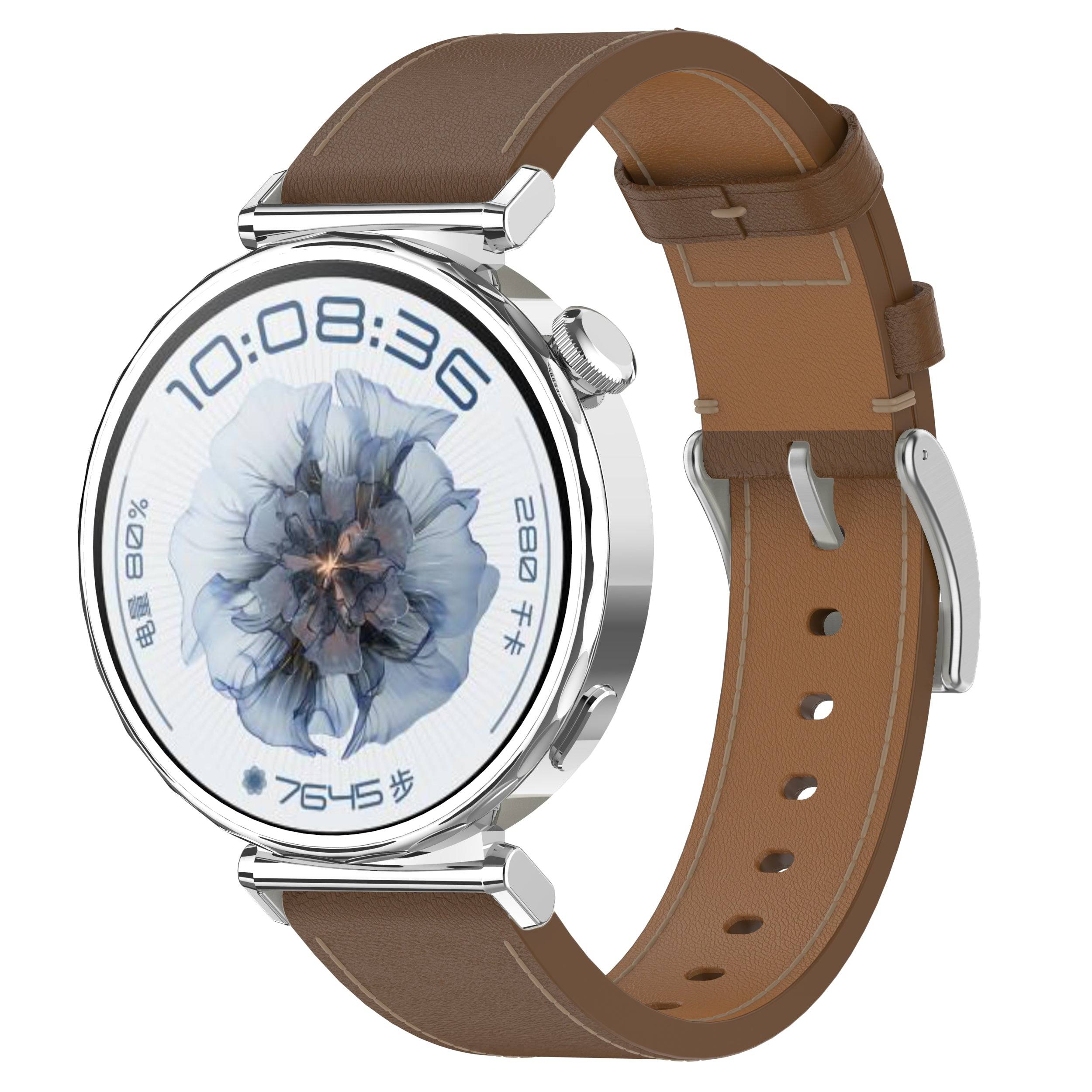 Leather Strap for Garmin 20/22mm - Quick-Fit Zoodle shown on smartwatch with soft brown leather and silver buckle, ideal for active wear.