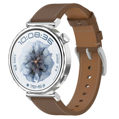 Leather Strap for Garmin 20/22mm - Quick-Fit Zoodle shown on smartwatch with soft brown leather and silver buckle, ideal for active wear.