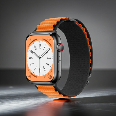 Outdoors Active Alpine Series Band for Apple Watch in orange and black nylon with rugged two-chain loop design, ideal for sports and outdoor use.