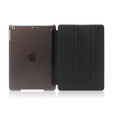 Protective smart flip cover for iPad with a sleek black design. Features auto wake/sleep functionality and a slim, durable build for optimal protection.