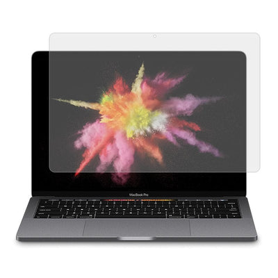 Crystal clear Anti-Glare AR Screen Protector aligned over a MacBook Pro display, showcasing ultra-clear visibility and edge-to-edge coverage.