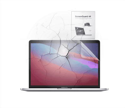 MacBook with cracked screen effect highlighting the protection offered by the Anti-Glare AR Screen Protector. Includes product packaging in the background.
