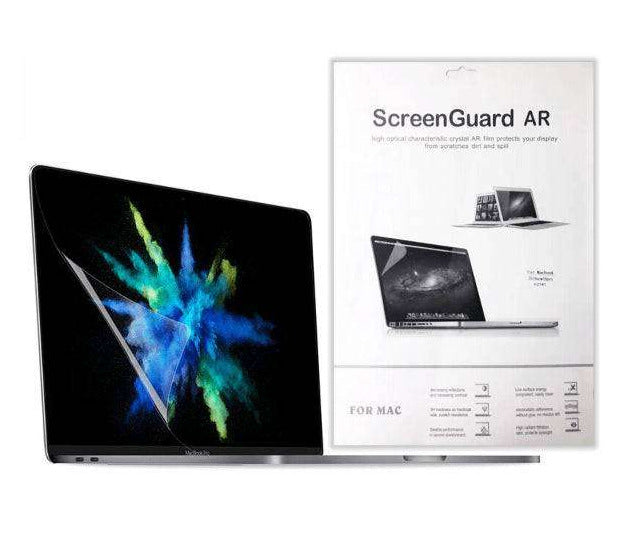 Anti-Glare AR Screen Protector for MacBook shown applied on a MacBook screen with retail packaging in the background. Enhances clarity and reduces glare.