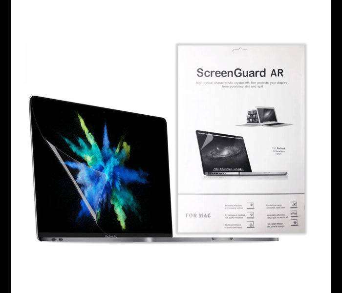 Anti-Glare AR Screen Protector for MacBook shown applied on a MacBook screen with retail packaging in the background. Enhances clarity and reduces glare.